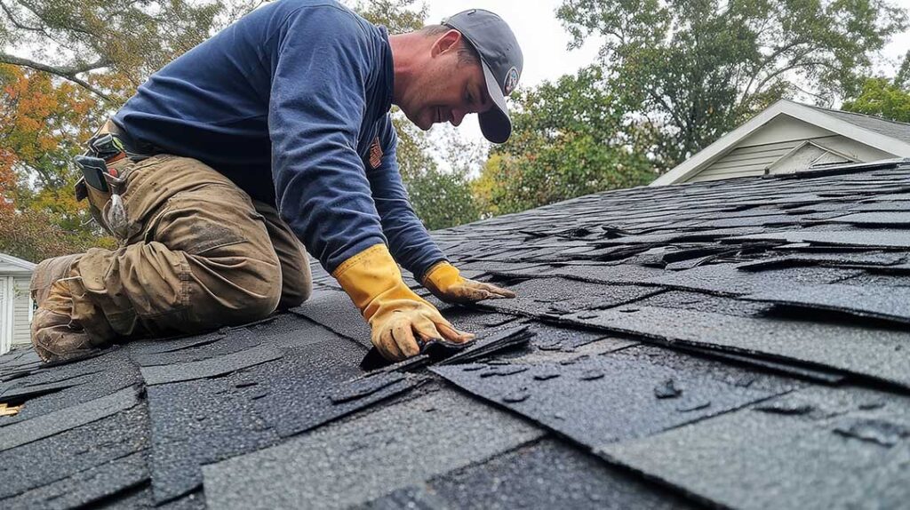 A homeowner on a ladder examining damaged shingles on a pitched asphalt roof.