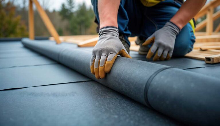 A homeowner reviews a recently replaced roof with an inspector beside a snow-prone suburban house.